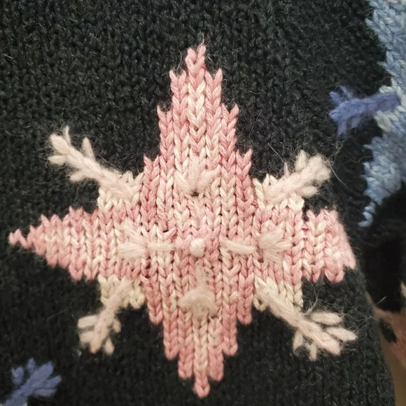 Talbots Petite Y2K Black Linen Blend Knit Pastel Snowflake Button Up Cardigan S - Picture 3 of 7